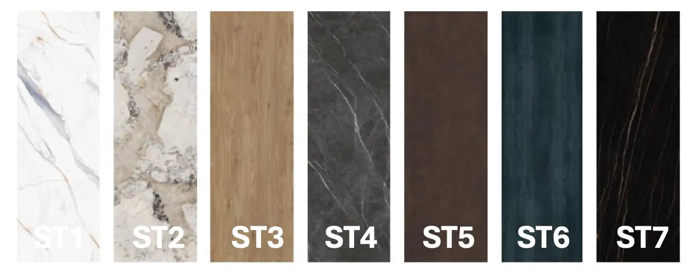 7 coloris de pierre frittée — ST1, ST2, ST3, ST4, ST5, ST6, ST7